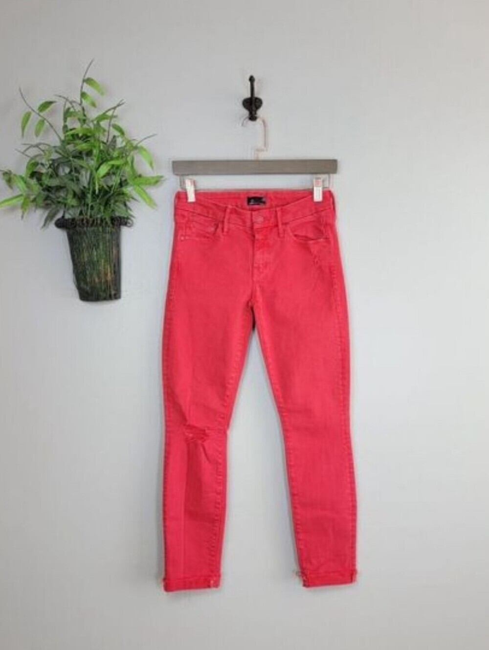 Mother The Looker Ankle Fray Jeans Red Cayenne Skinny Distressed low Rise 25